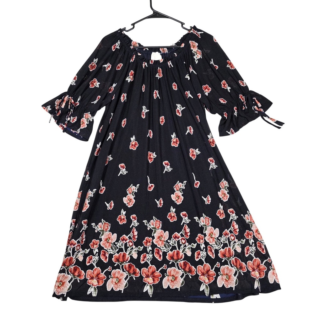 Sirenlily Floral Shift Dress Women L‎ Black Good Bell Sleeve Tie Detail